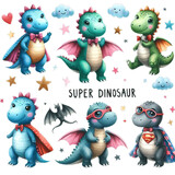 Fototapeta Fototapety na ścianę do pokoju dziecięcego - Cute super dinosaur with watercolor illustration
