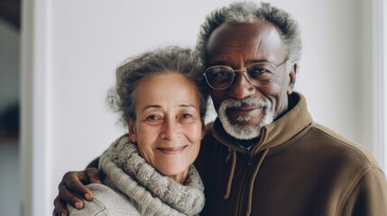 Poster - Smiling elderly pair embraces in their house.