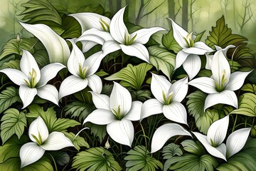 Wall Mural - A cluster of delicate white trilliums nestled among the ferns, their pure beauty adding elegance to the spring woodland.