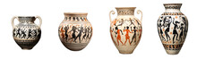 Set Of Ancient Ceramic Greek Vases Depicting People Dancing And Celebrating All Together, Collection Of Antique Amphorae Isolated On Transparent White Background