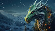 Dragon and Christmas tree in the winter forest. AI generated illustration.