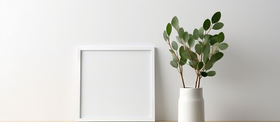 Aufkleber - Eucalyptus plant in vase accentuates blank frame on white wall for artwork or print Copy space image Place for adding text or design