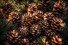 A Cluster Of Pine Cones, Nestled Among Fallen Needles, Catching The Morning Sunlight.
