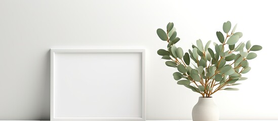 Aufkleber - Eucalyptus plant in vase accentuates blank frame on white wall for artwork or print Copy space image Place for adding text or design