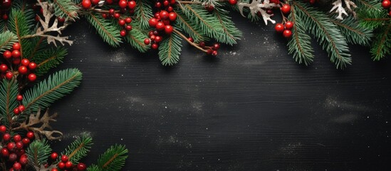 Aufkleber - Festive Christmas decorations with fir branches berries and wallpaper Top view copy space Copy space image Place for adding text or design