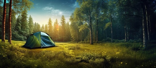 Wall Mural - forest camp with tourist tent amidst meadow copy space image place for adding text or design