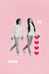 Sticker - Vertical pop sketch collage first love relationships in school two children hands holding together and stroll isolated on pink background