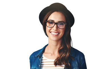 Sticker - Happy, glasses and portrait of woman with hat on isolated, png and transparent background. Optometry, fashion frames and face of person with prescription lens for vision, eyesight and wellness