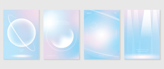 Aesthetic poster design set. Cute gradient holographic background vector with geometric shape, gradient bubble, saturn. Beauty ideal design for social media, cosmetic product, promote, banner, ads.