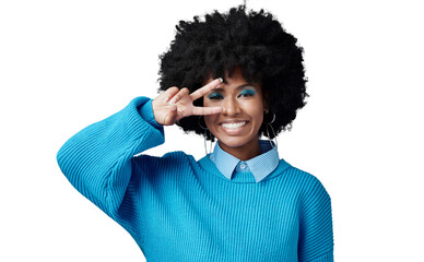 Poster - Isolated African woman, peace sign eye and makeup with afro, style and fashion transparent png background. Girl, happy and retro clothes with emoji, icon or v symbol for success, choice or feedback