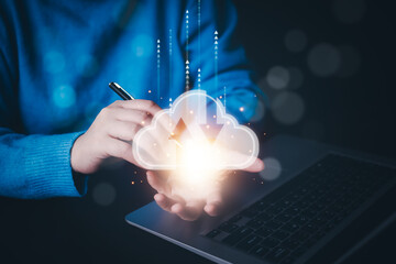 Wall Mural - business people using laptop with cloud computing system , storage and data transfer cloud network, 
