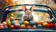 A hare in a car goes on an adventure with eggs, easter concept
