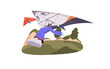 Hanggliders flying on deltaplan, gliders paragliding in air. Flight on delta wing, airplane in sky. Hang gliding sport. Summer extreme activities, travel. Flat isolated vector illustration on white