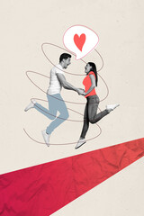 Wall Mural - Vertical composite photo collage of two young positive lovely people hold hands jump thinking about their feelings together isolated on painted background