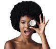Portrait, cream and black woman with skincare, surprise or dermatology isolated on transparent background. Face, African person or model with creme, cosmetics product or beauty with wow, png or shine
