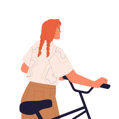 Wall Mural - Young woman with pigtails standing, hold bike back view. Pedestrian cyclist moves bicycle. Redhead girl with urban eco transport walking in city. Flat isolated vector illustration on white background