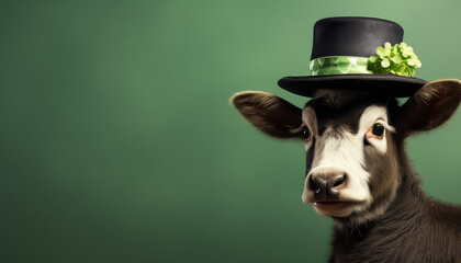 Cow in a hat on a green background, concept St.Patrick 's Day