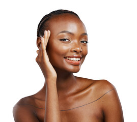 Wall Mural - Happy black woman, portrait and aesthetic skincare for shine, dermatology and glow isolated on transparent png background. Model touch face for natural beauty, healthy results and collagen cosmetics