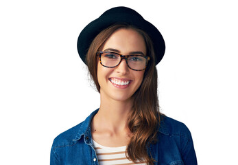 Poster - Fashion, glasses and portrait of woman with smile on isolated, png and transparent background. Optometry, frames and face of happy person with prescription lens for vision, eyesight and wellness