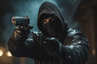 Attacker with a gun in his hand pointing at someone wearing a black mask and a hooded jacket, front view. Theme of robbery or assault.generative ai
