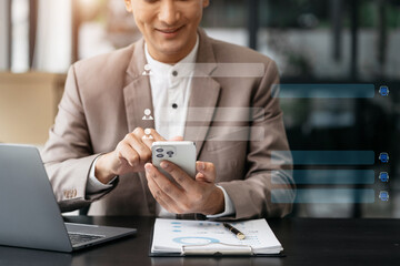 Business man uses artificial intelligence chatbots automatically respond online messages to help customers instantly.