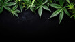 Marijuana cannabis leaves on the top of rustic black background with copy space