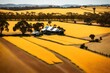 Dive into the heart of an Australian farm landscape, vast fields stretching to the horizon, golden crops swaying in the breeze