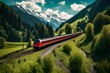 Journey through the Swiss countryside aboard a train, the lush greenery passing by, mountains in the distance, a sense of calm and adventure