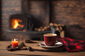 Cup of hot coffe with warm plaid on wooden table near fireplace