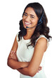 © Suresh/peopleimages.com - Portrait, smile and a call center employee arms crossed isolated on a transparent background for consulting. CRM, customer support or service career with a happy young woman on PNG for telemarketing