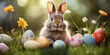 Easter bunny and eggs on green grass field Spring meadow, Happy easter bunny in the bright rays of the sun on a green lawn and colorful easter eggs generative ai

