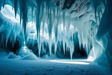 A Surreal Ice Cave With Intricate Formations, Illuminated By The Soft Glow Of Natural Light.

