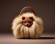 Women's Handbags Shaped Like Fluffy Pomeranian Dogs. Stylish Women's Handbag. Fashion Outfit.