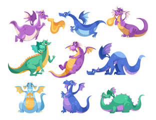 Sticker - Fairy Colored Dragons as Winged and Horned Legendary Creature Vector Set