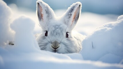 Wall Mural - A curious arctic hare with its nose buried in the snow, searching for hidden treasures in the frozen landscape.