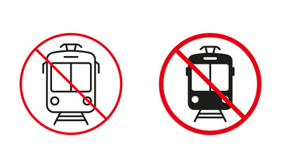 Wall Mural - Tramway Not Allowed Road Sign. Tram Way Circle Symbol Set. Electric Streetcar Prohibit Traffic Red Sign. Warning City Transport Line and Silhouette Forbidden Icons. Isolated Vector Illustration