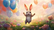 A Delighted Bunny Hopping Among A Field Of Pastel-colored Balloons In A Charming Garden.