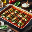 A casserole dish is filled with zucchini rolls that are filled with tomato sauce. The rolls are sprinkled with cheese and baked in the oven. The dish is a hearty and vegetarian main course.