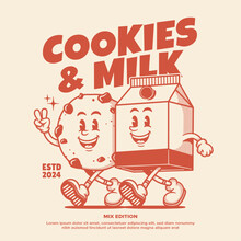 Cookies and milk cartoon mascot, retro mascot character