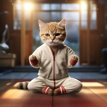 Cute Cat Meditation Yoga On Floor Cartoon 3d Realistic Illustration. Animal Sport Concept