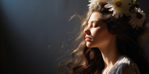 A young woman with flowers in her hair on a dark background.