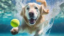 Dog Jumping Into The Pool To Catch A Tennis Ball