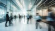 © photolas - Silhouettes of people in business suits in a large light glass building. Blurred movement of rushing businessmen, managers in a modern office, business center, airport, train station.