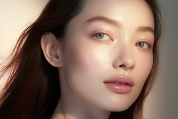 Wall Mural - a beautiful asian woman, close up on her face with smooth skin look at the camera on a white backgro