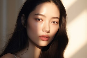 Wall Mural - a beautiful asian woman, close up on her face with smooth skin look at the camera on a white backgro