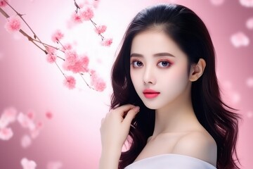 Wall Mural - young beautiful asian woman looking at camera close up with natural korean makeup, perfect clean ski