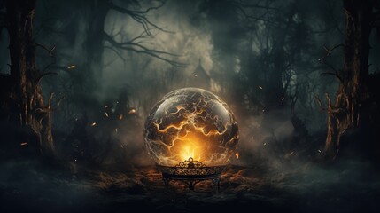 Сrystal ball for future prediction enveloped in smoke against a dark background.