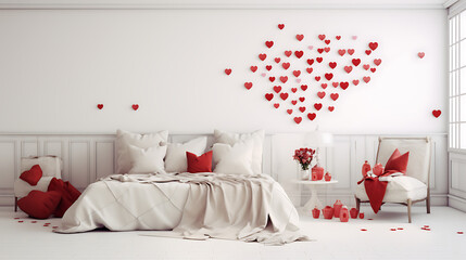 Wall Mural - Modern cozy interior design with natural light and organic materials in Valentine's day theme. Pink and red home decor with heart and love petals. Natural tones and minimalist design