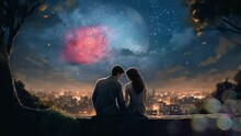 Couple Romantic Celebrate Happy New Year With Firework Animation Falling In Love With Beautiful View Background. Seamless Looping 4k Video. Generated With AI