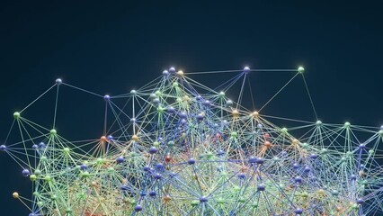 Colorful molecules on a dark blue background  connecting and floating . Medical or chemistry background. 4K. 3D Rendering.